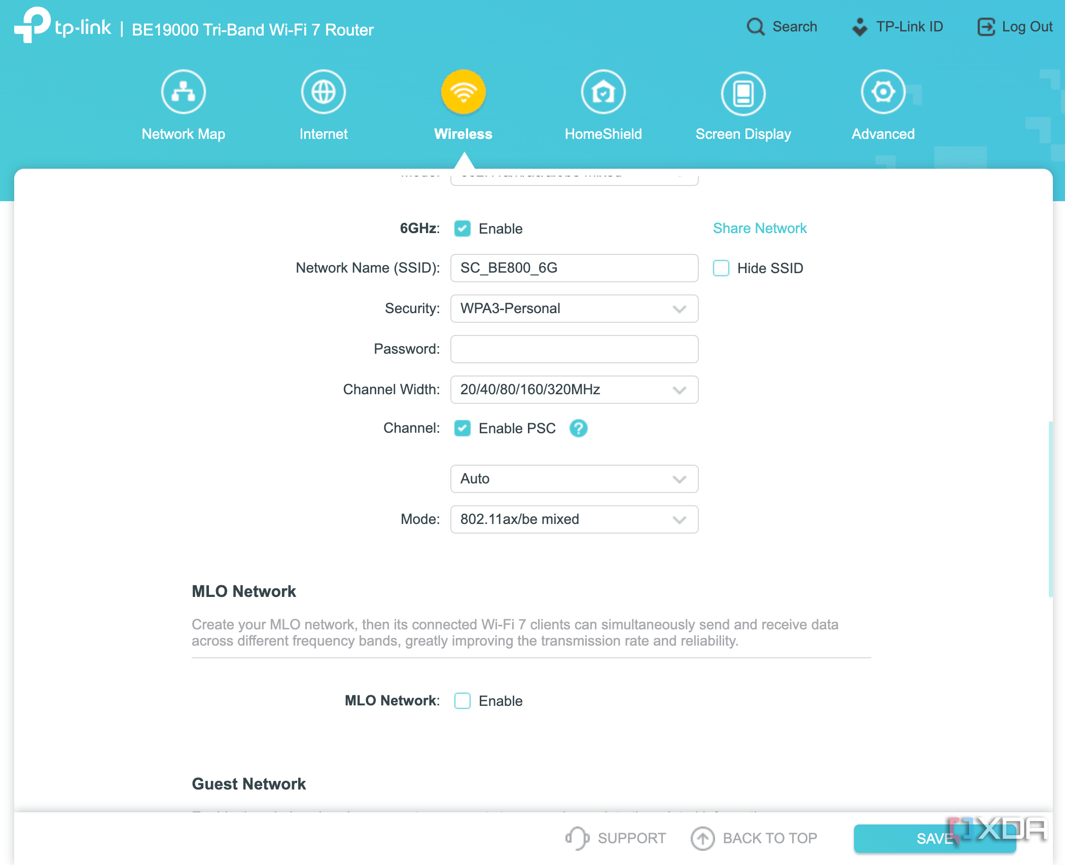 TP-Link Archer BE800 Wi-Fi 7 router web browser WI-Fi settings