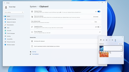 Windows 11 desktop with Clipboard history settings windows