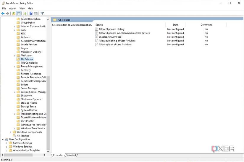 Group policy editor window showing various options under OS policies section