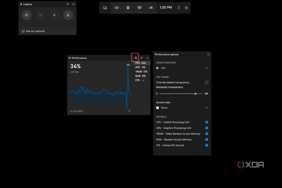 Click on the Performance options button to open a pop-up menu
