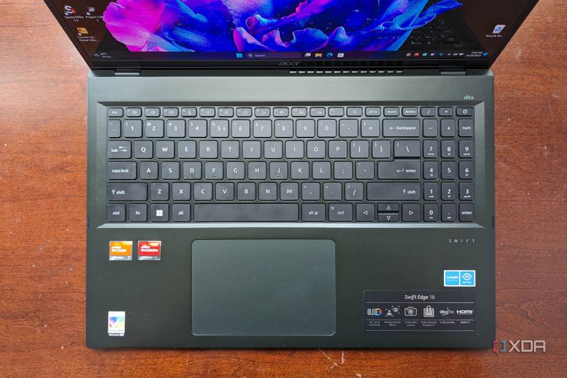 A photo of the Acer Swift Edge 16 keyboard and trackpad