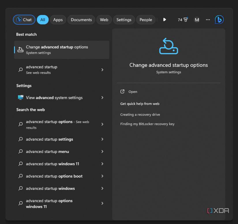 Advanced startup Windows search bar.