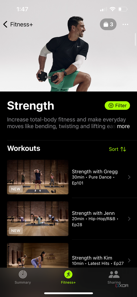 The Strength workout page on the Apple Fitness app