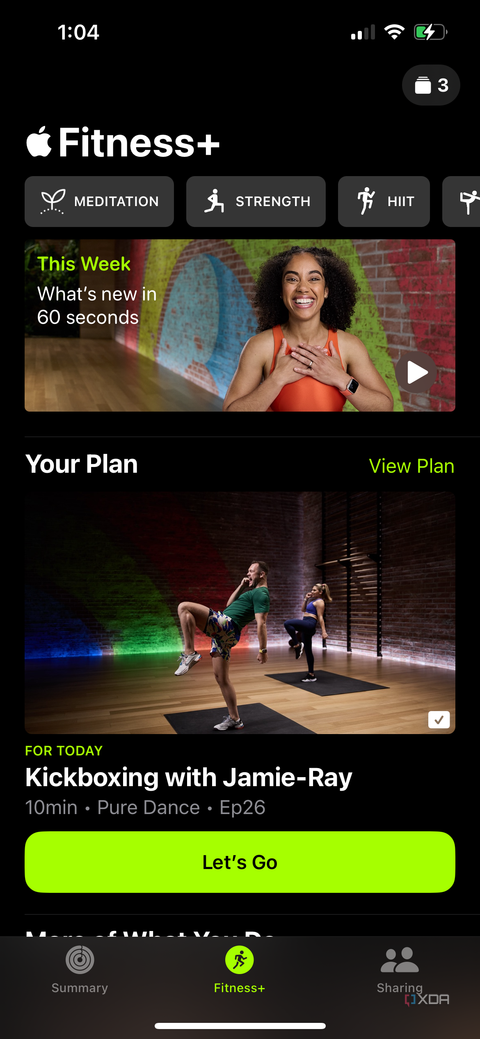 A kickboxing workout being shown as part of a custom plan in the Apple Fitness Plus section of the Apple Fitness app