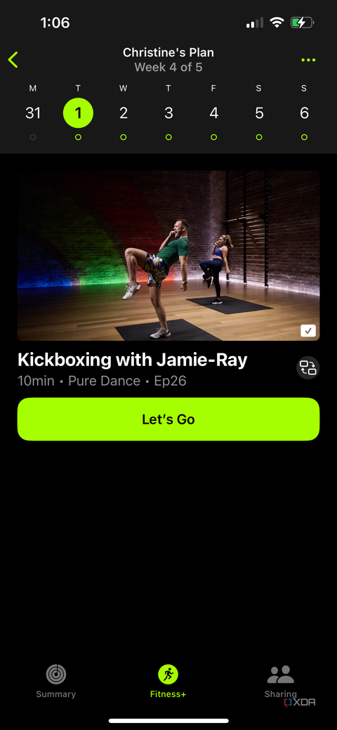 A kickboxing workout being shown as part of a plan in the Apple Fitness Plus section of the Apple Fitness app