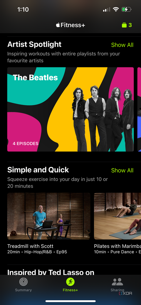 Artist Spotlight page showing The Beatles in the Apple Fitness Plus section of the Apple Fitness app