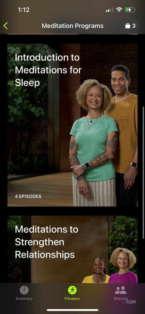 Introduction to Meditations for Sleep and Meditations to Strengthen Relationships in the Apple Fitness Plus section of the Apple Fitness app