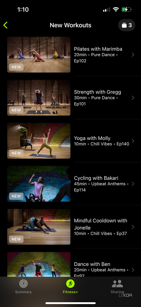 A list of new workouts in the Apple Fitness Plus section of the Apple Fitness app