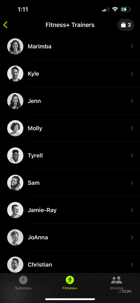 A list of trainers with their names and face icons in the Apple Fitness Plus section of the Apple Fitness app