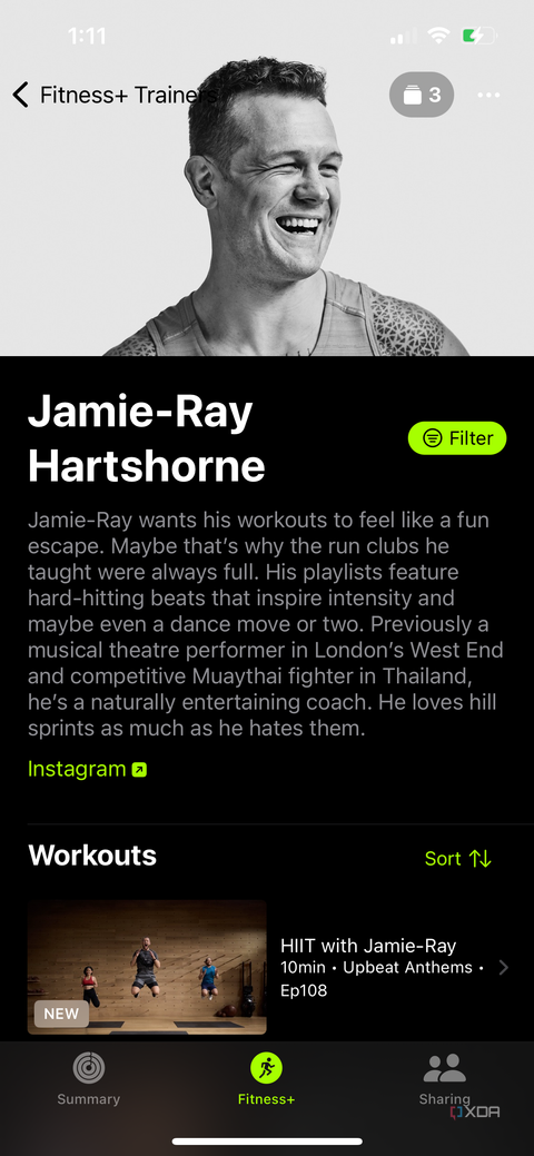 Details about trainer Jamie-Ray Hartshorne in the Apple Fitness Plus section of the Apple Fitness app