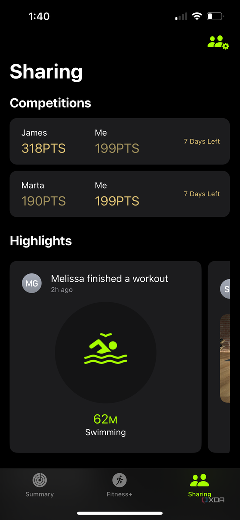 The Sharing tab of the Apple Fitness app