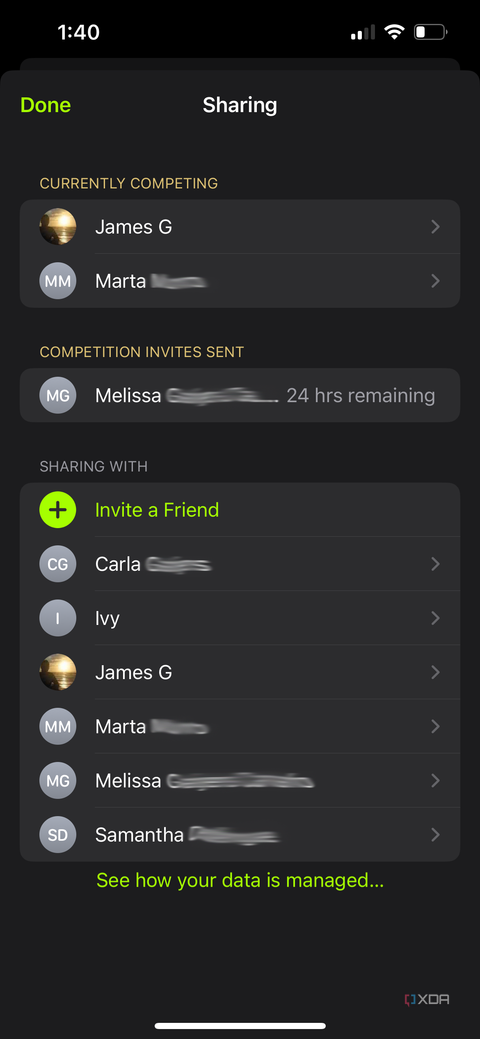 A list of friends in the Apple Fitness app