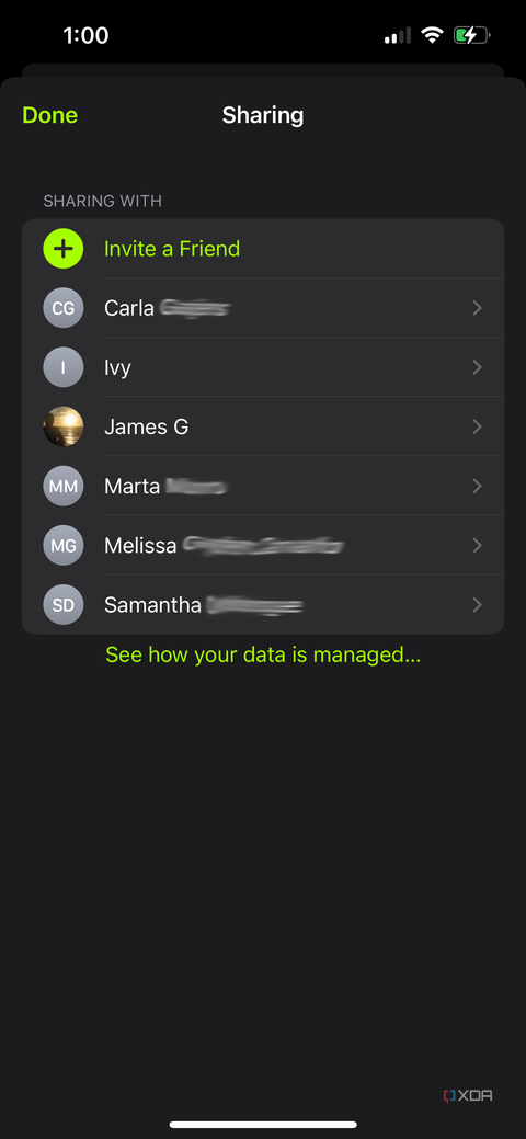 A list of friends sharing data in the Apple Fitness app