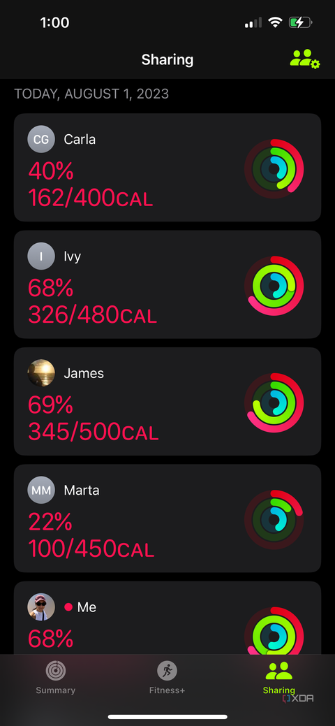 A list of friends and their progress in activity rings in the Apple Fitness app