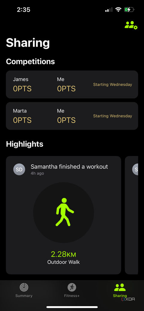 Sharing page in the Apple Fitness app showing two competitions about to start