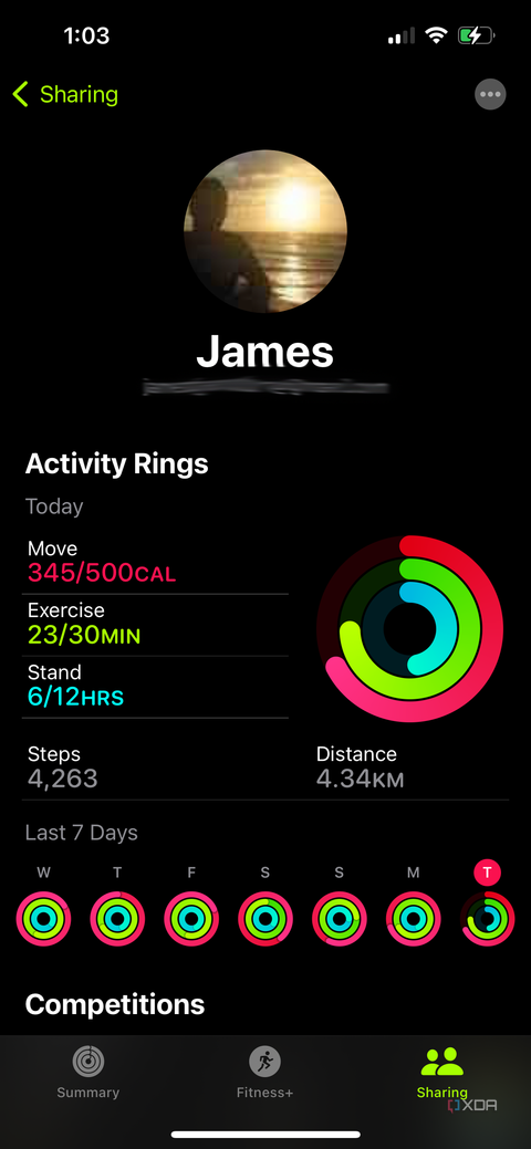 A person's profile page showing their goals in the Apple Fitness app