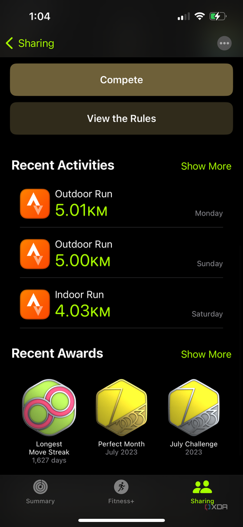 Recent activités and a compete button showing in someone profile in in the Apple Fitness app