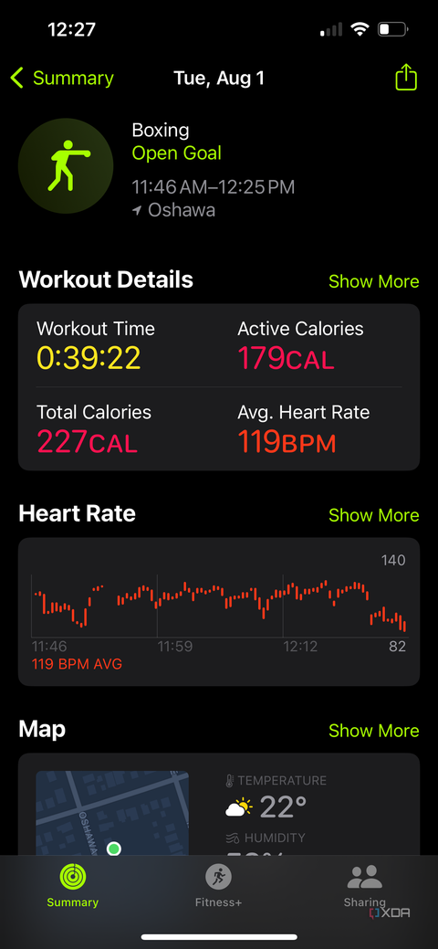 The summary of a boxing working in the Apple Fitness app