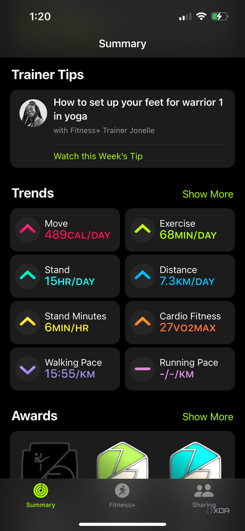 A list of trends for a user in the Apple Fitness app