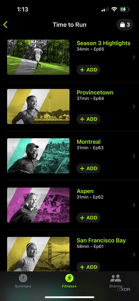 A list of Time to Run workouts in the Apple Fitness Plus section of the Apple Fitness app