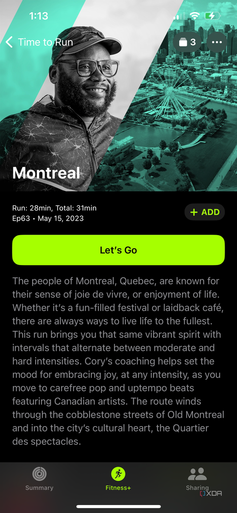 Details about a Time to Run workout in Montreal in the Apple Fitness Plus section of the Apple Fitness app