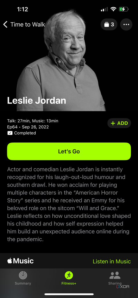 Details about a Time to Walk workout with Leslie Jordan in the Apple Fitness Plus section of the Apple Fitness app