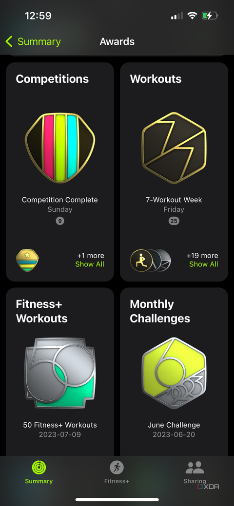 A list of awards in the Apple Fitness app