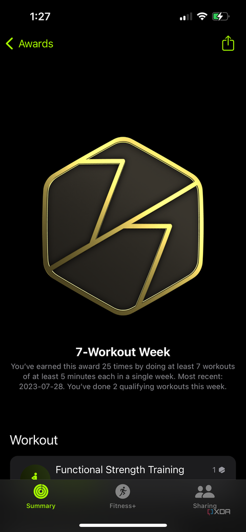 a 7-workout week award in the Apple Fitness app