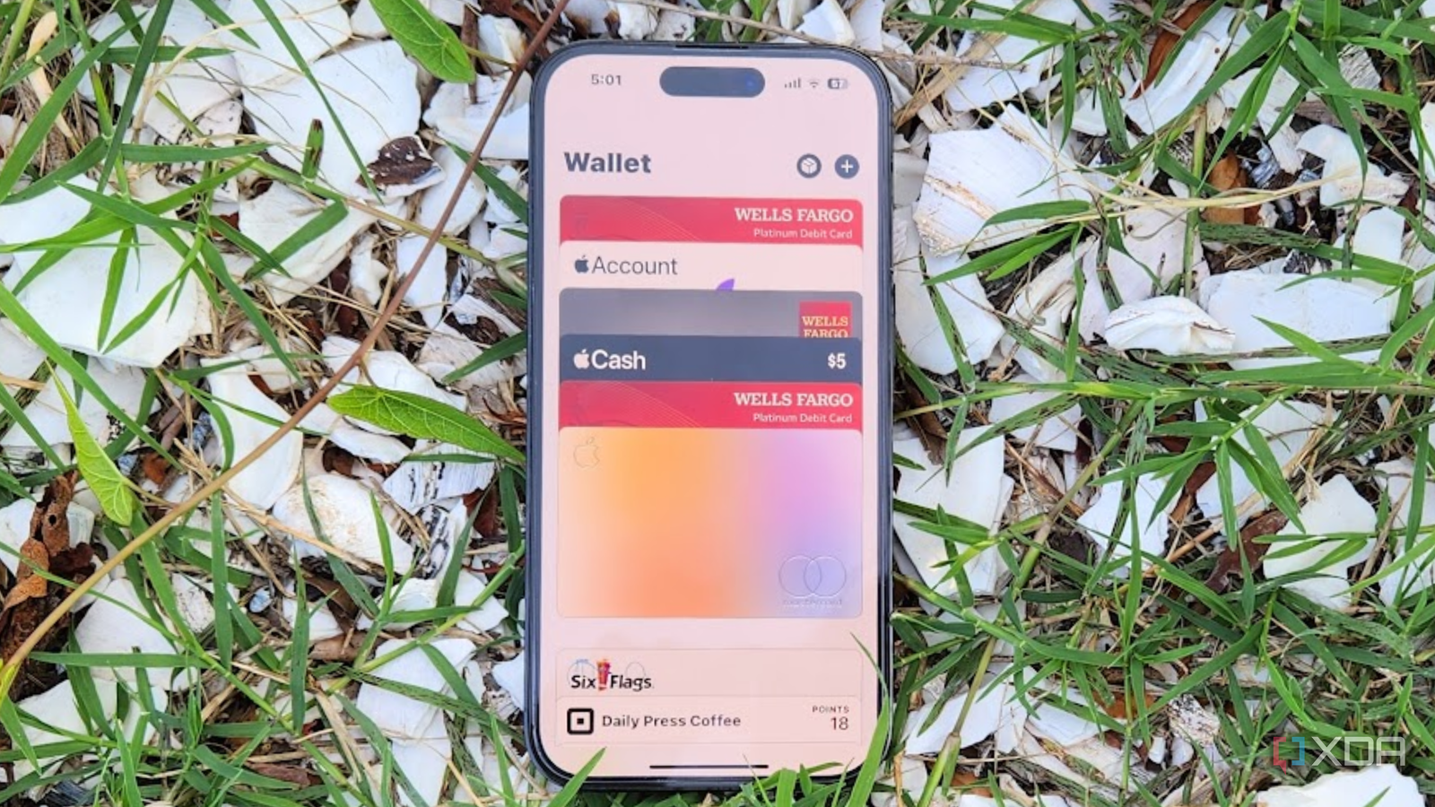 The Apple Wallet showing loaded cards on an iPhone 14 Pro. 