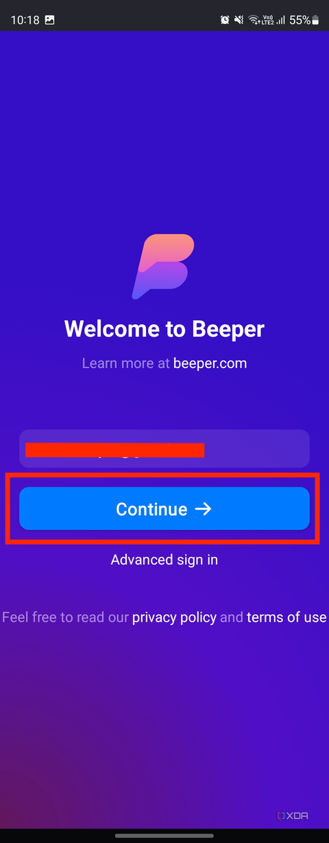 A screenshot captured on a phone showing Beeper's login page on an Android phone.