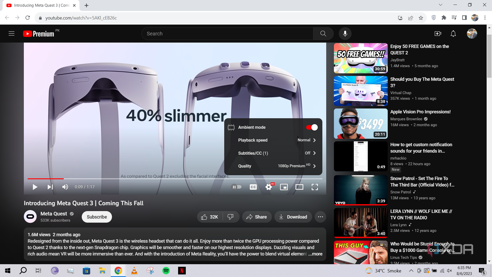 1080p Premium Enhanced Bitrate option on Meta Quest 3 reveal video running in YouTube on web