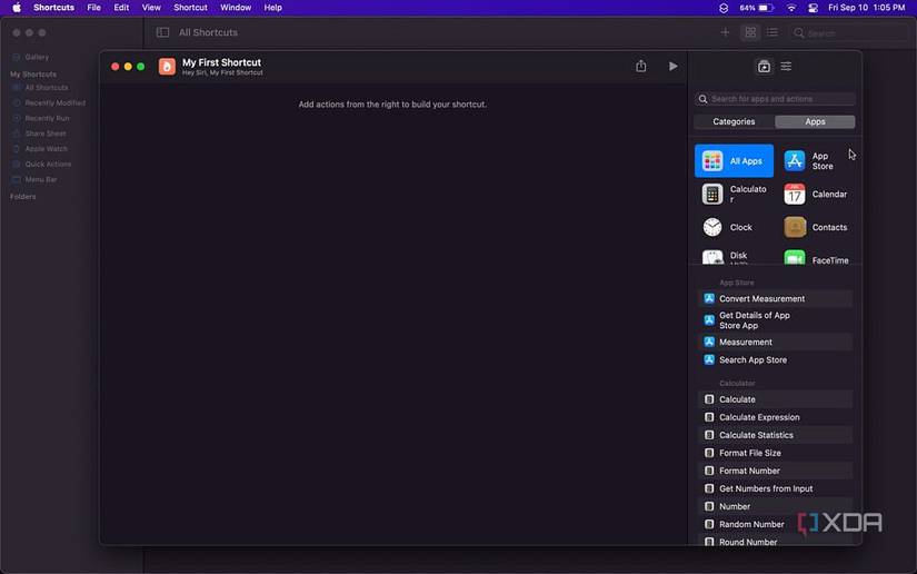 shortcut creation workflow showing the sidebar with supported apps and actions