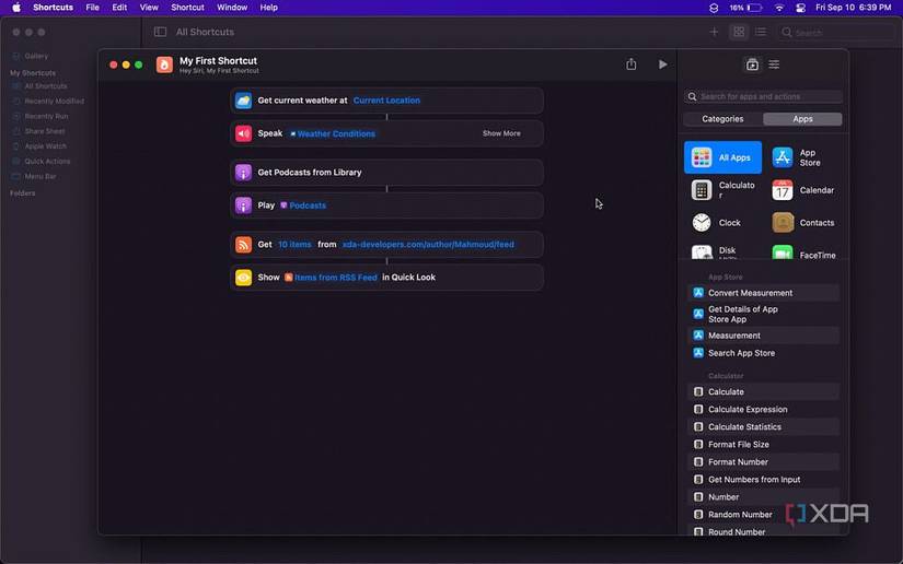 shortcut shows a list of actions, including getting weather, announcing the weather conditions, playing a podcast, and more