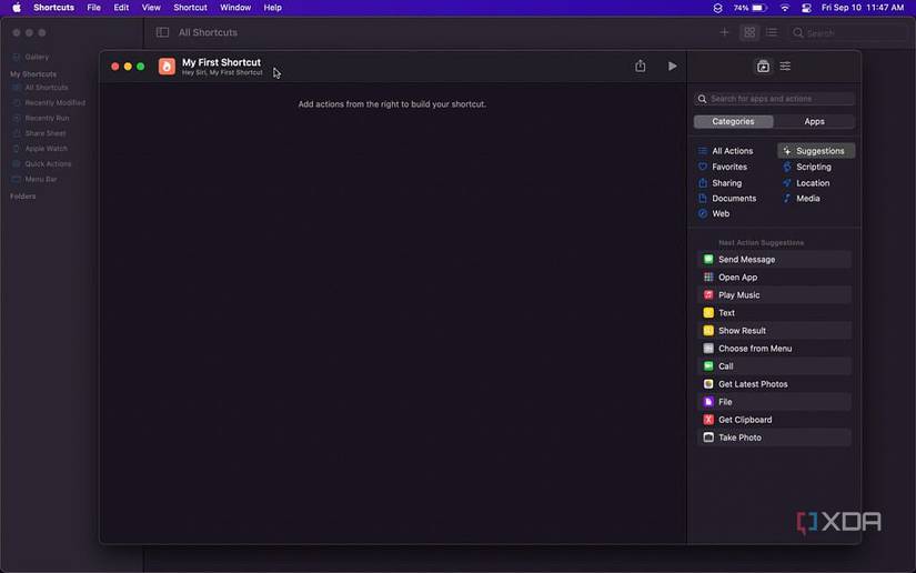 suggested actions to include in the sidebar of a new shortcut