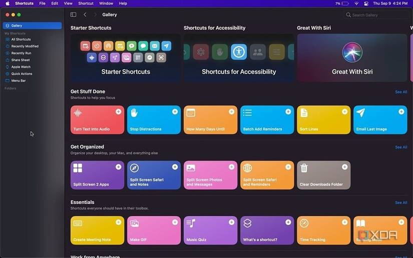 Gallery section of shortcuts app showing a wide range of available shortcuts