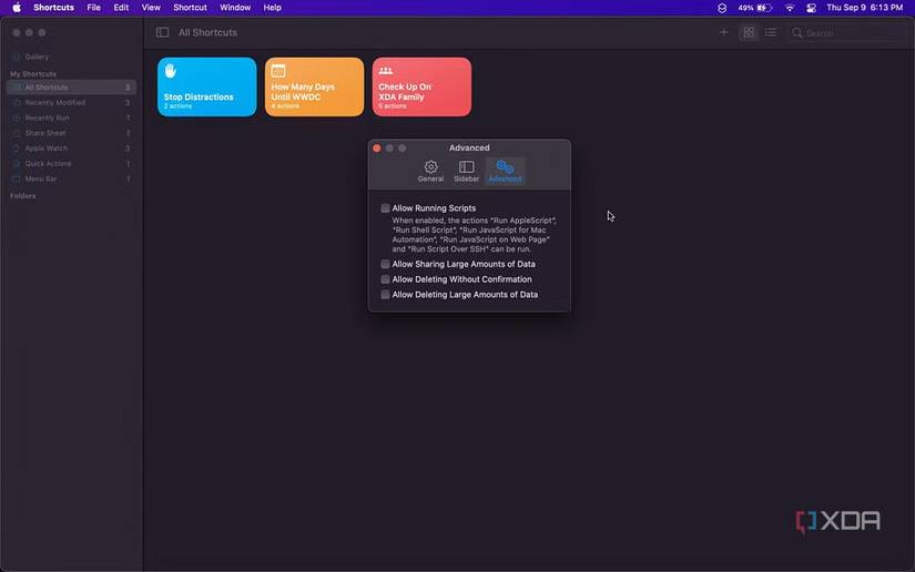 advanced preferences for shortcuts include allow running scripts, allow deleting without confirmation, and more