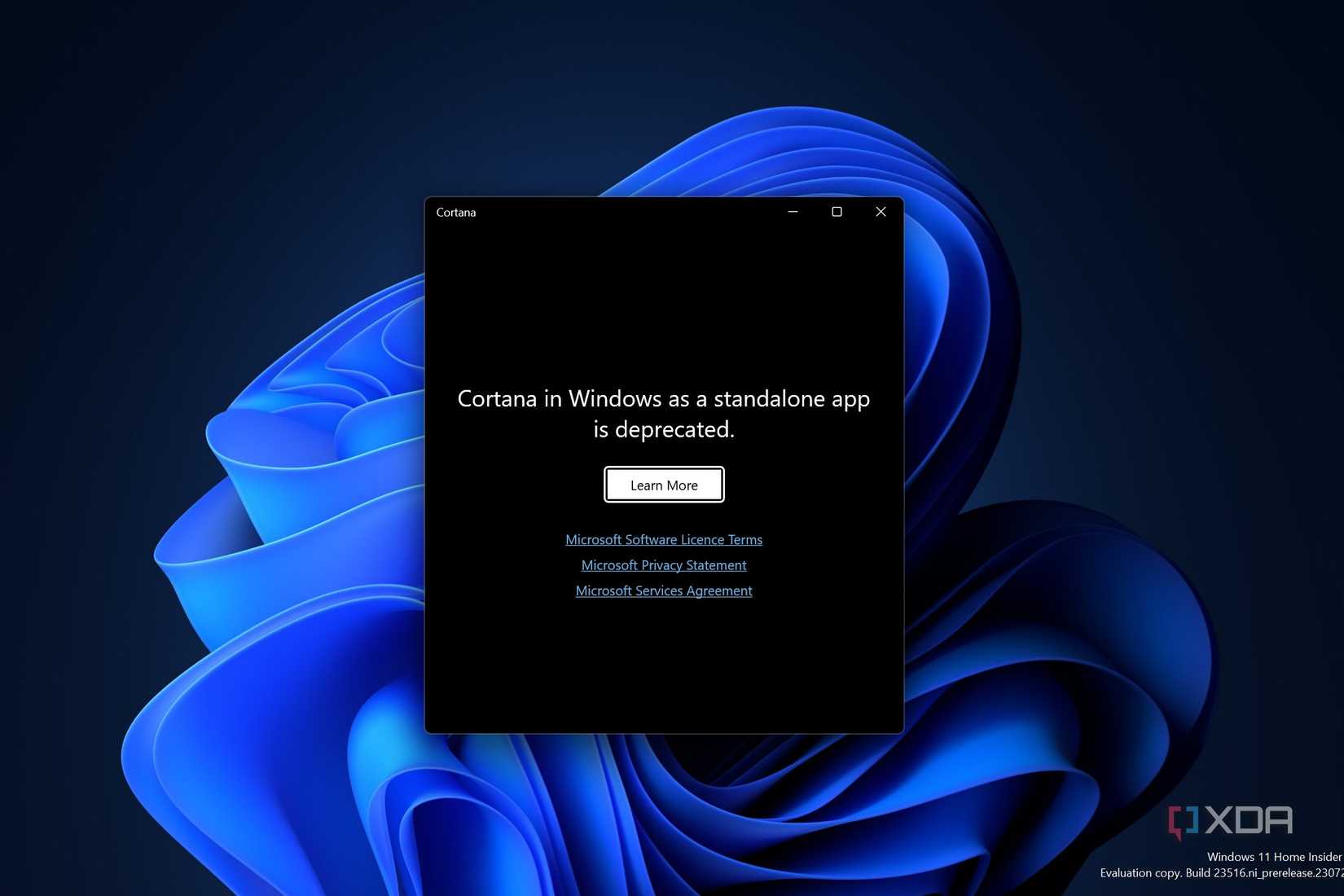 Screenshot showing Cortana welcome screen in Windows 11