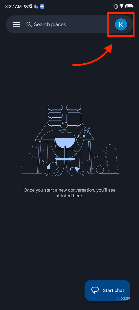 A screenshot showing the highlighted account button in Google Messages app.