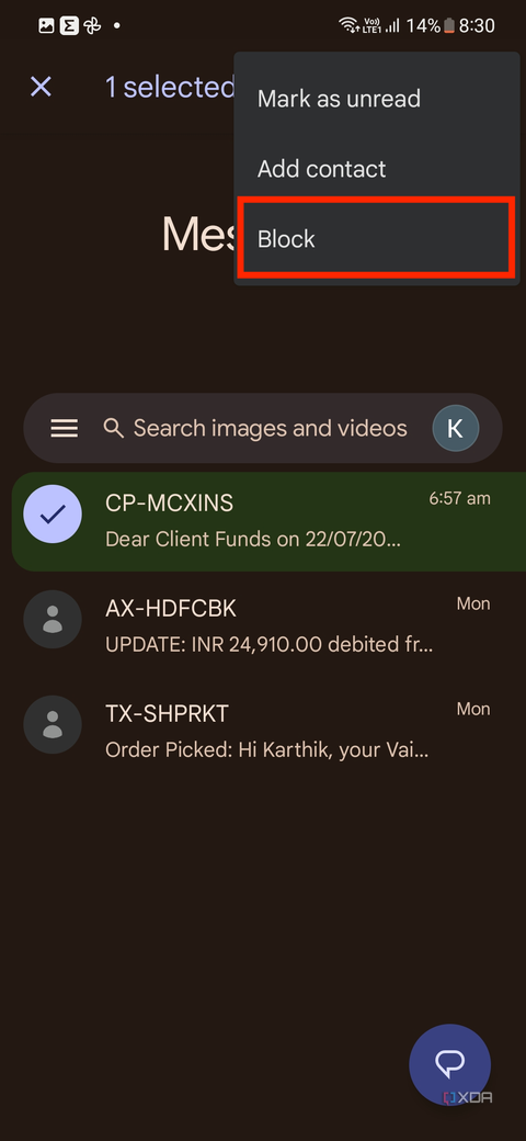 A screenshot showing the highlighted Block option in Google Messages app.