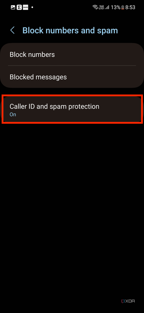 A screenshot showing the highlighted caller ID and Spam protection in Samsung Messages app.