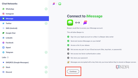 A screenshot showing the highlighted Continue button within iMessage tab on Beeper.
