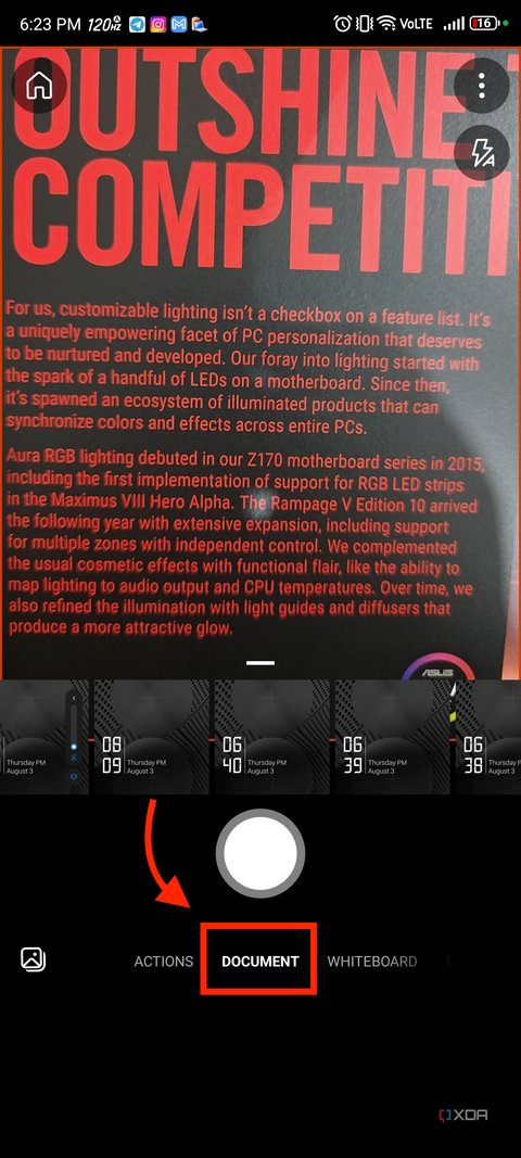 A screenshot captured on a RedMagic 8S Pro showing the highlighted document button in Microsoft Lens app.