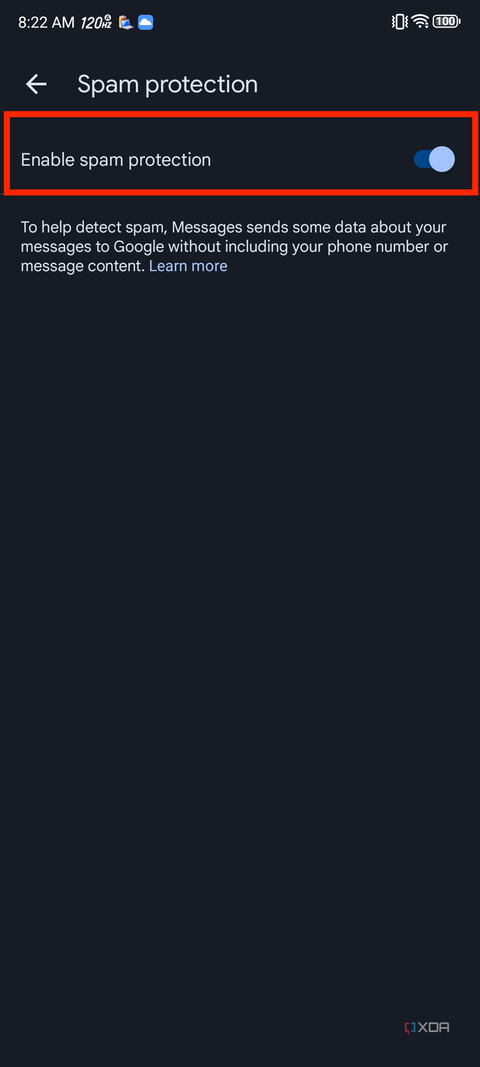A screenshot showing the highlighted Enable spam protection option in Google Messages.