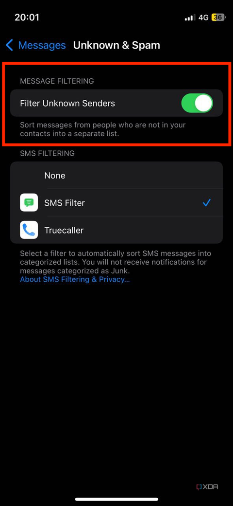 A screenshot showing the highlighted Filter Unknown Senders toggle in Messages settings in iPhone.