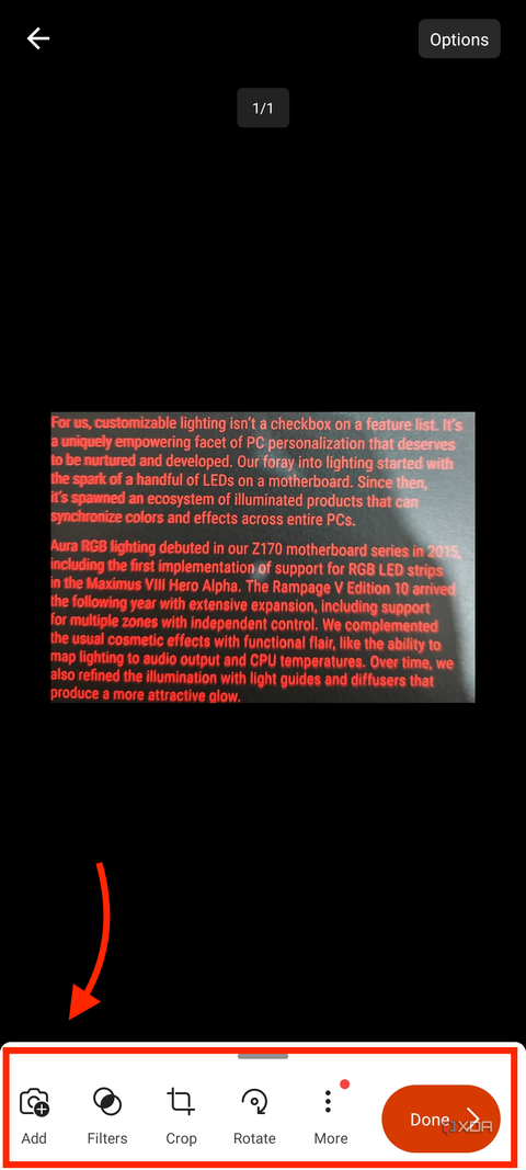 A screenshot captured on a RedMagic 8S Pro showing the highlighted menu option in Microsoft Lens app