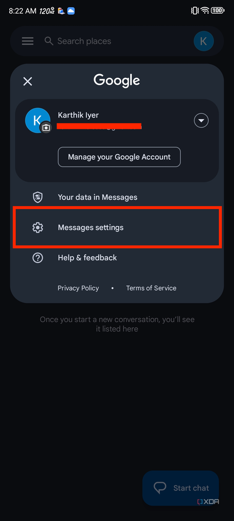 A screenshot showing the highlighted Messages settings option in Google Messages app.