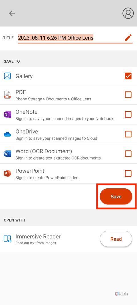 A screenshot captured on a RedMagic 8S Pro showing the highlighted Save button in Microsoft Lens app