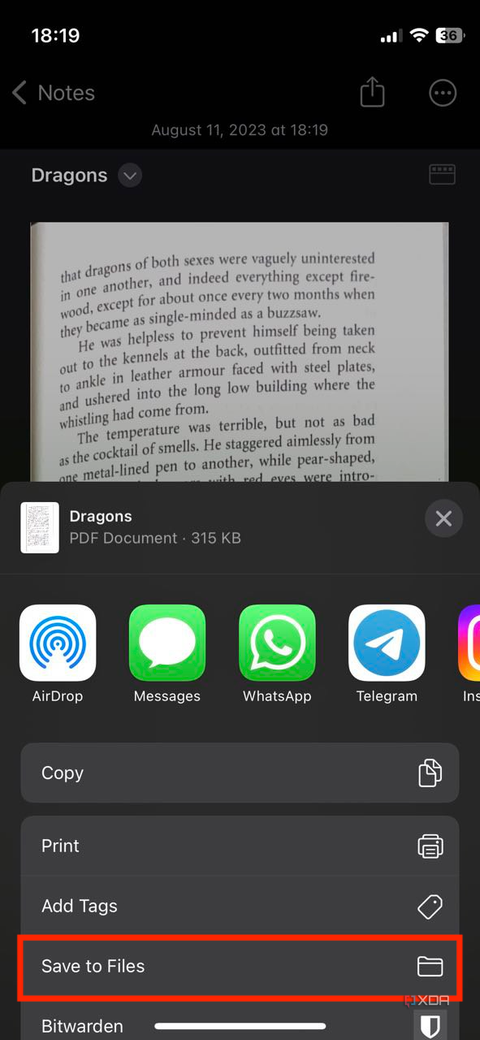 A screenshot captured on an iPhone showing the highlighted Save to File option in iOS notes app