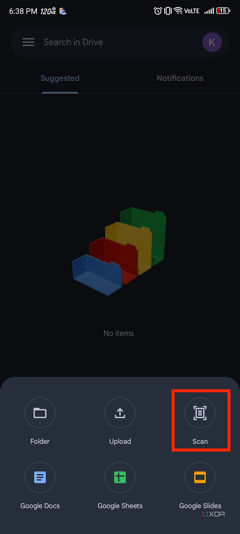 A screenshot captured on a RedMagic 8S Pro showing the highlighted Scan button in Google Drive