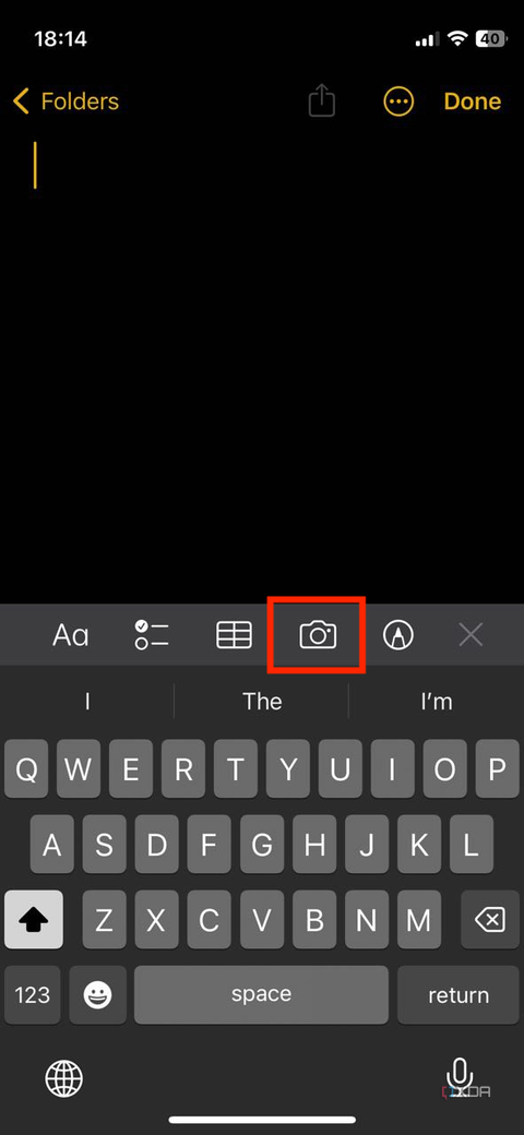 A screenshot captured on an iPhone showing the highlighted scan button in iOS notes app
